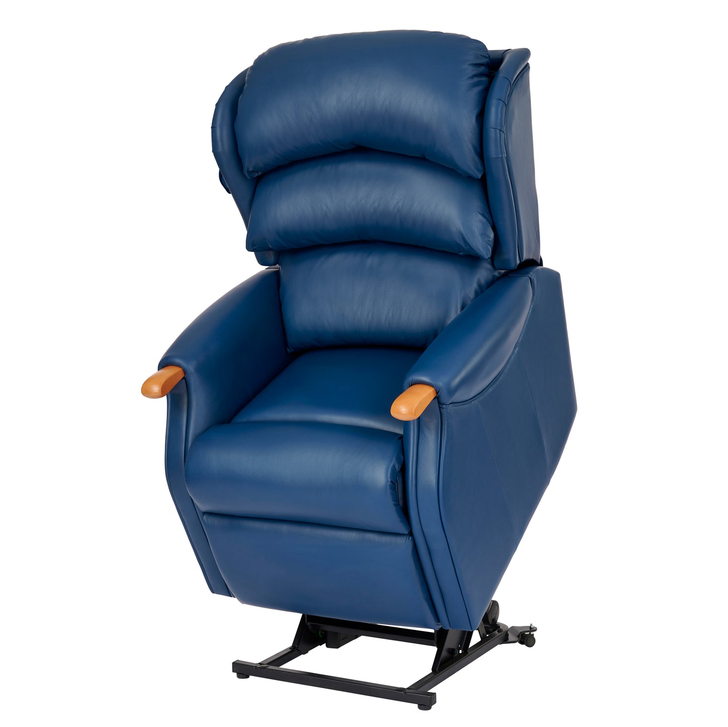 Blue Celebrity Westbury leather riser recliner chair on a white background