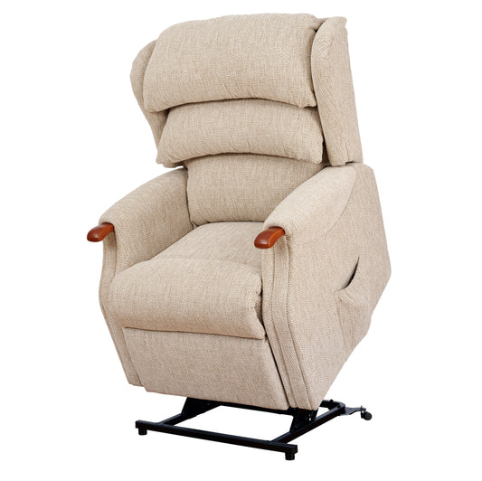 Beige celebrity westbury lift chair with wooden armrests on a white background
