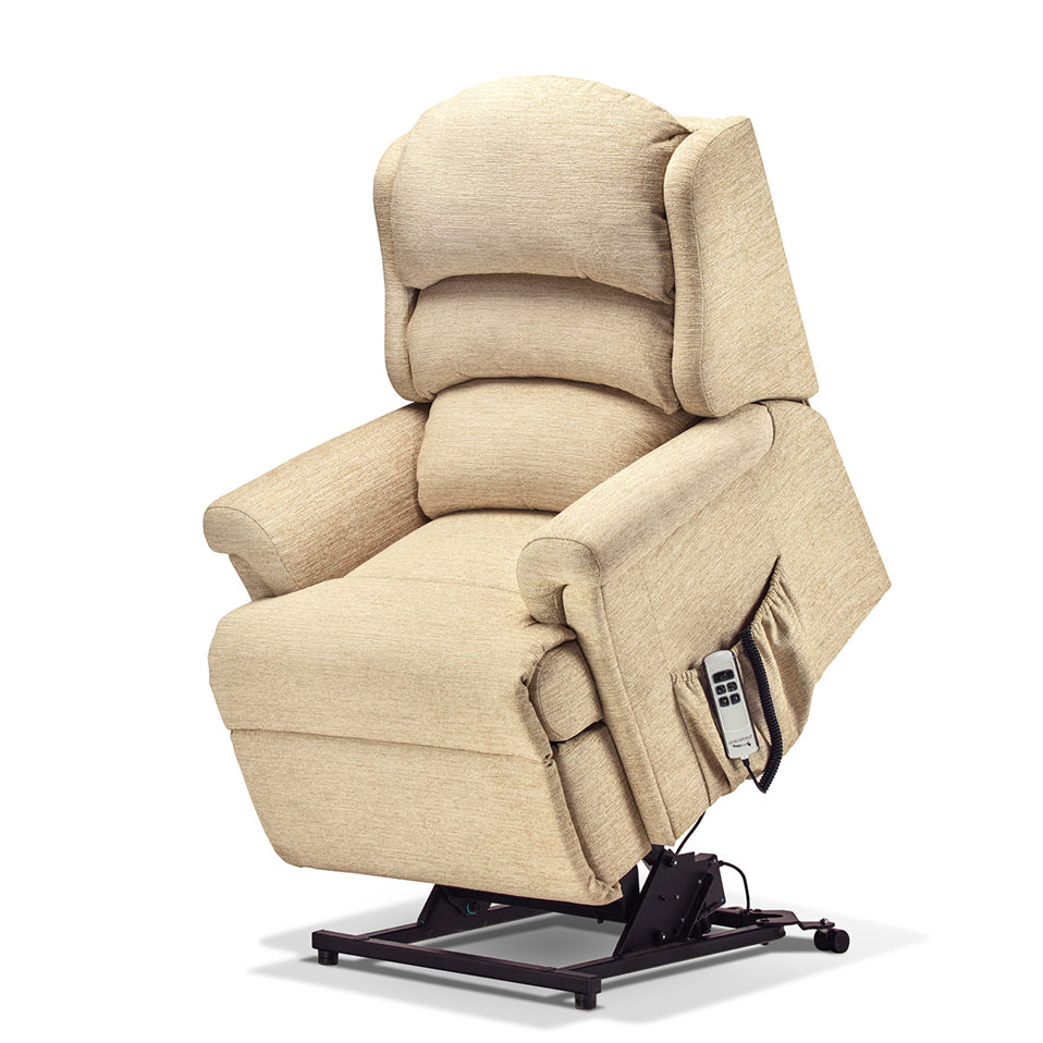 Beige lift chair with control panel on a white background