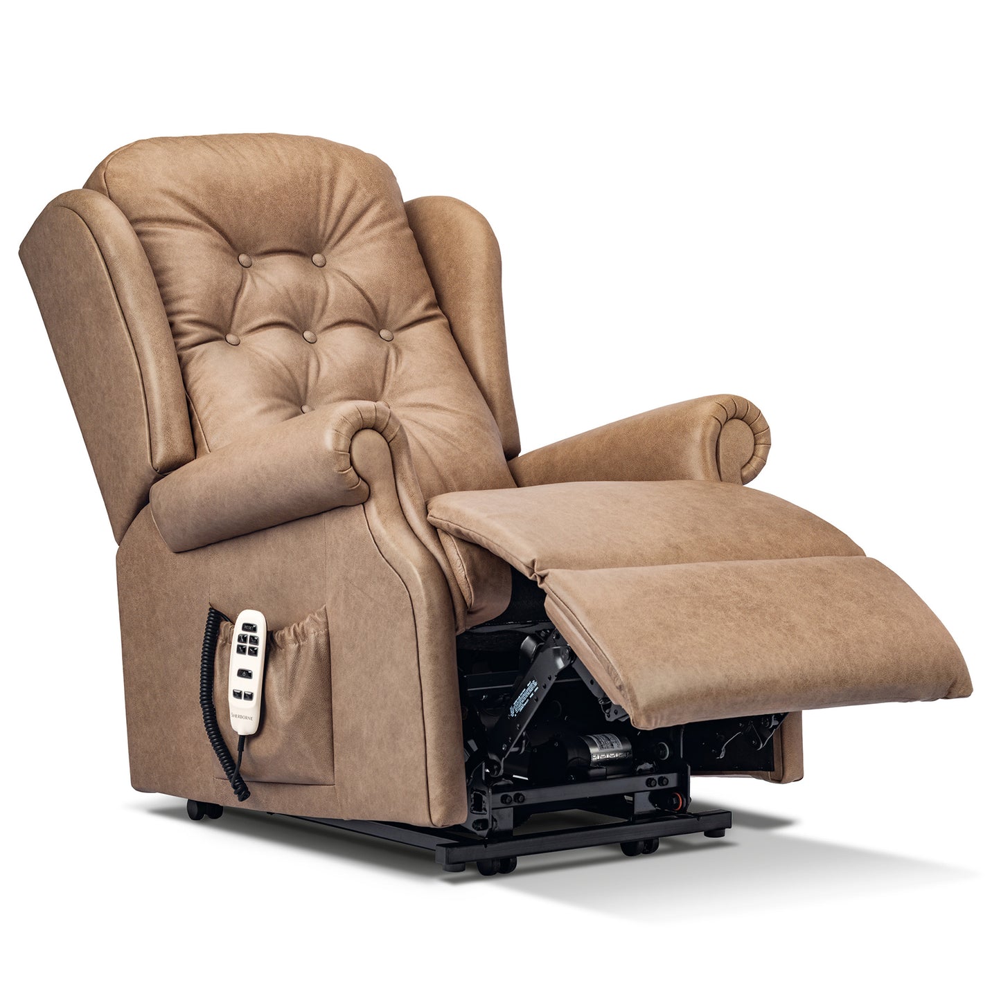 Brown leather sherborne Chester lift chair with reclining mechanism on a white background