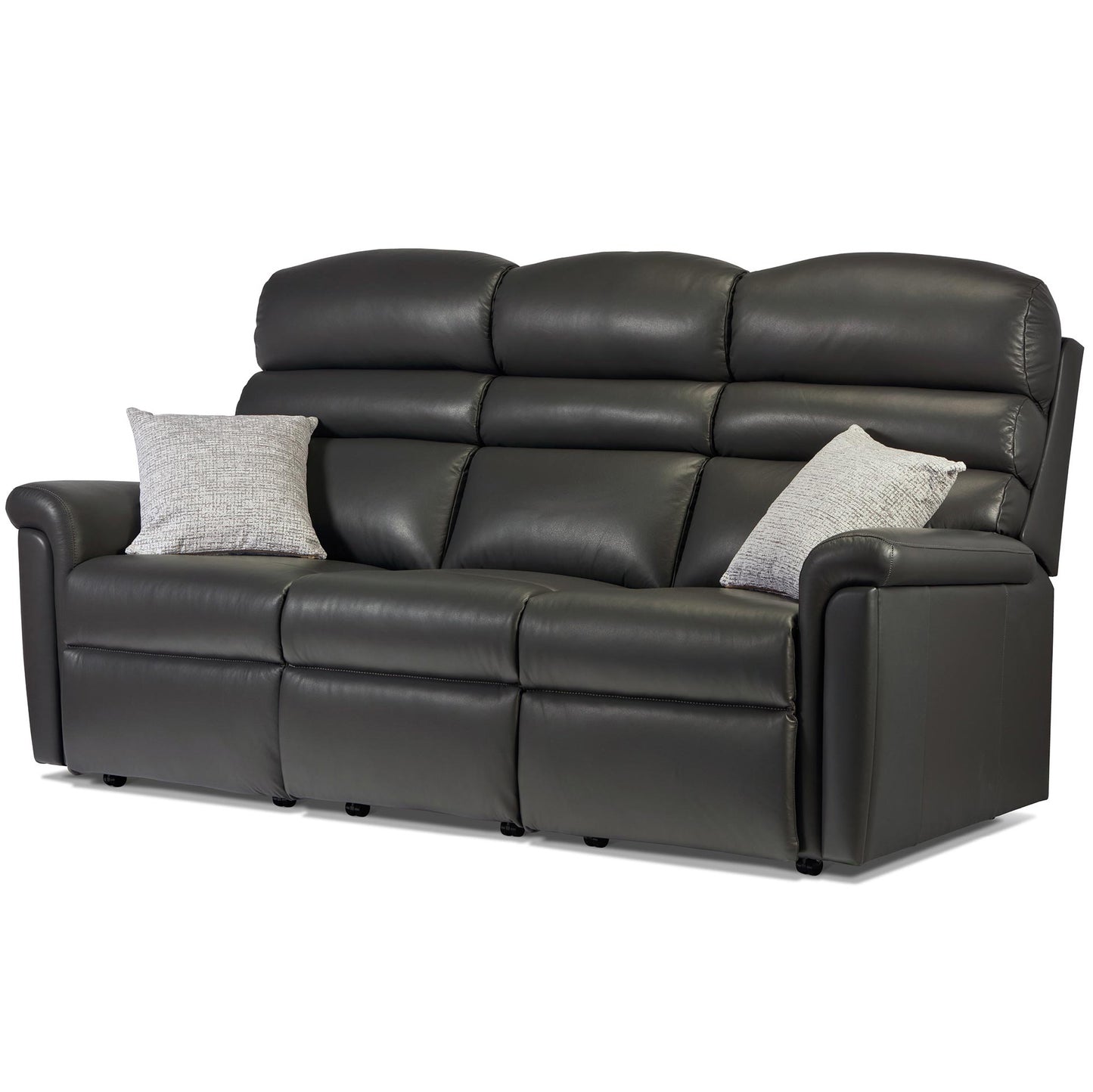 Gray leather Sherborne Comfi Sit sofa with two cushions on a white background
