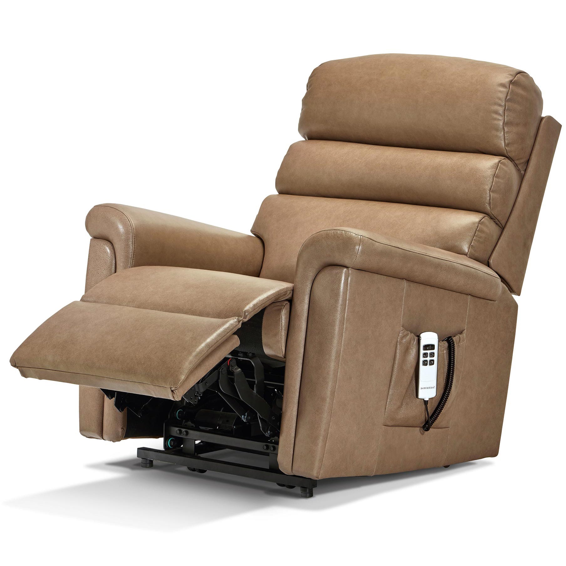 Brown sherborne comfi sit recliner chair with remote control on a white background