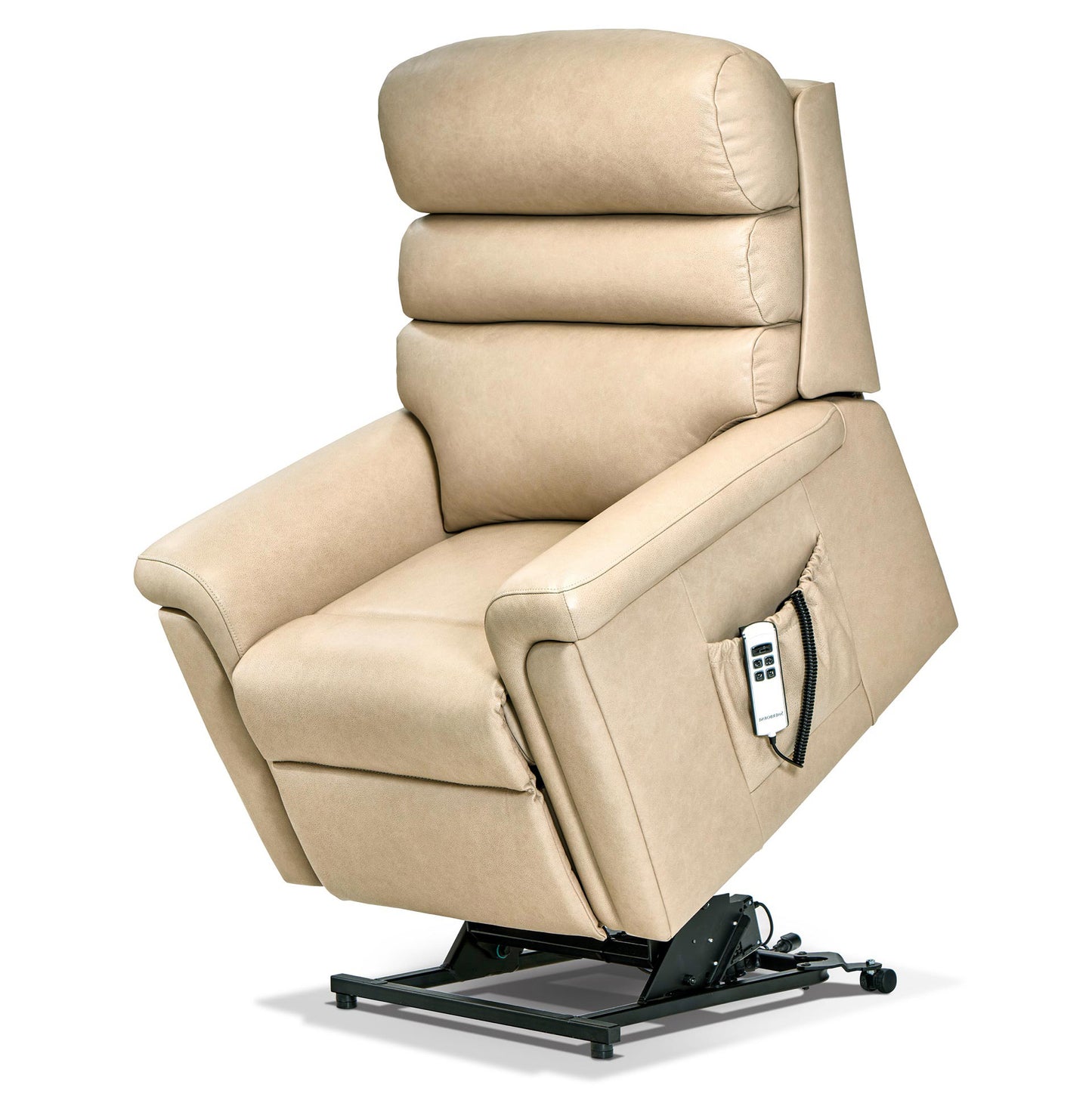 Beige Sherborne Comfi Sit lift chair with remote control on a white background