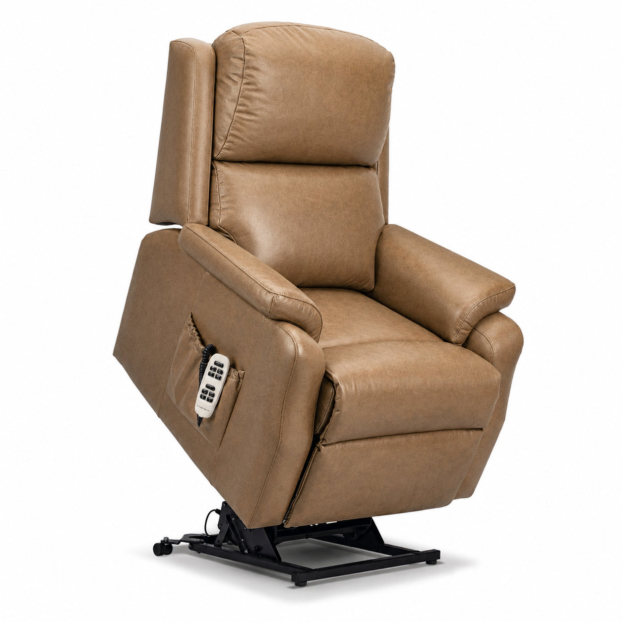 A tan leather recliner lift chair with a black motorized base and a white remote control in a side pocket, shown on a white background.