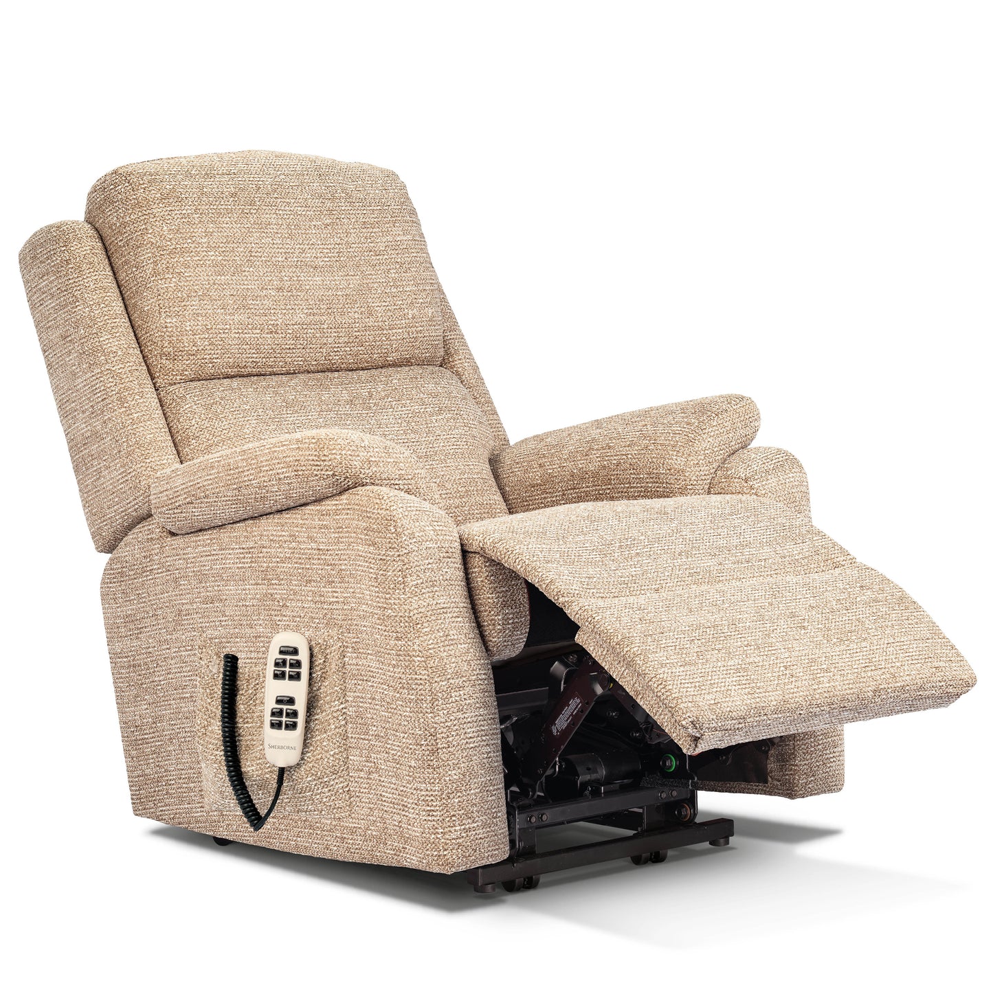 Beige recliner chair with remote control on a white background