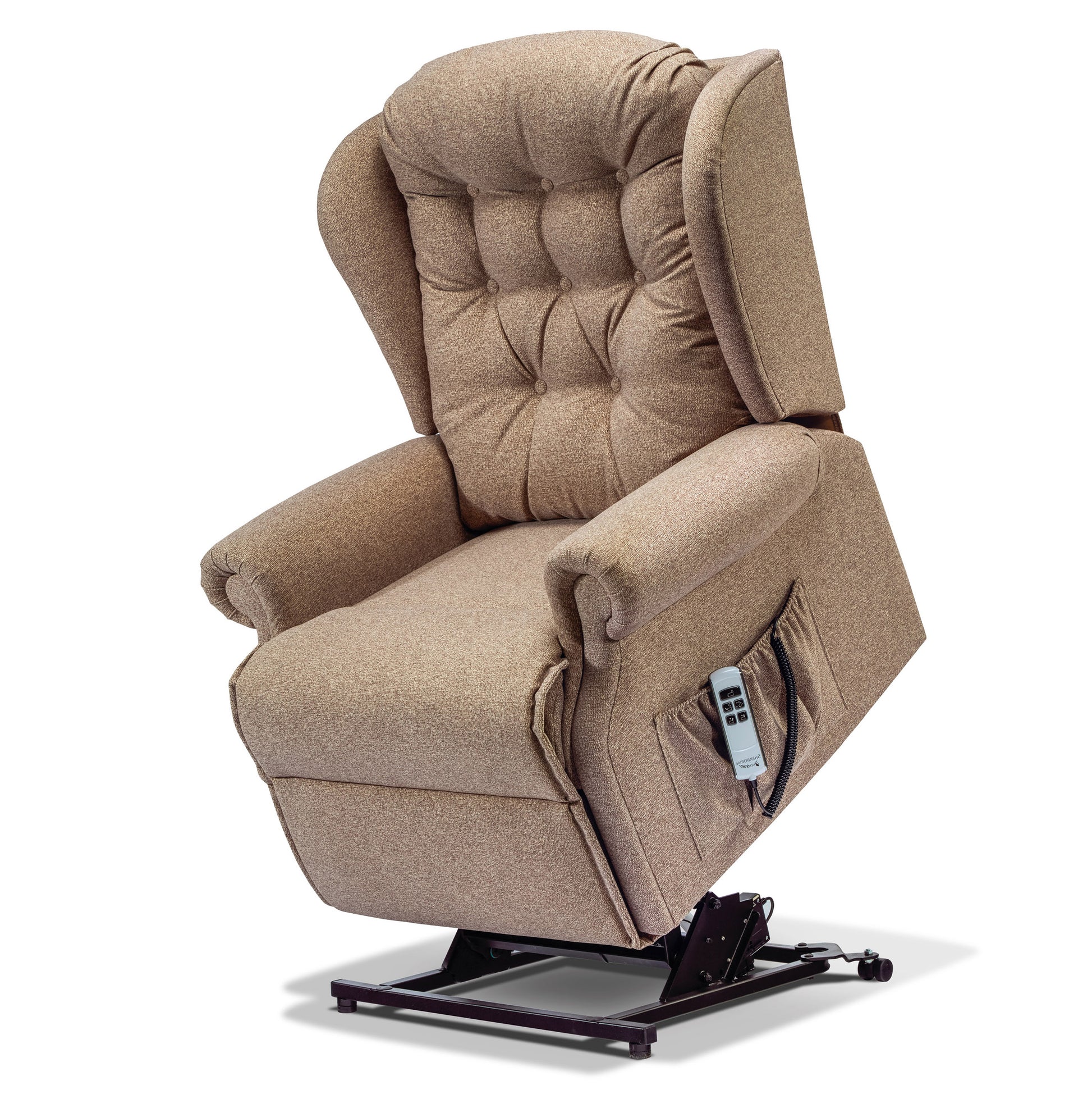 Beige lift chair with remote control on a white background
