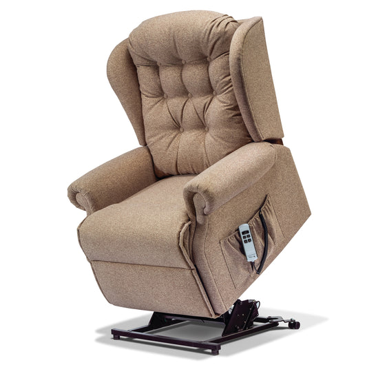 Beige lift chair with remote control on a white background