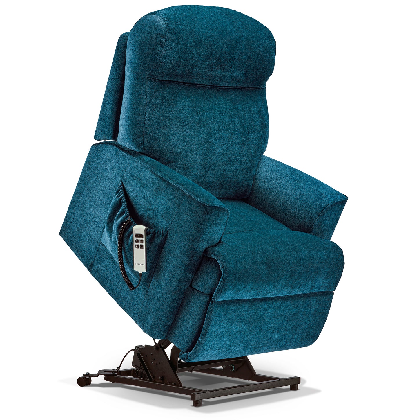 Blue fabric Sherborne Harrow riser recliner chair.