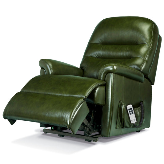 Green Sherborne Keswick leather recliner chair with remote control on a white background