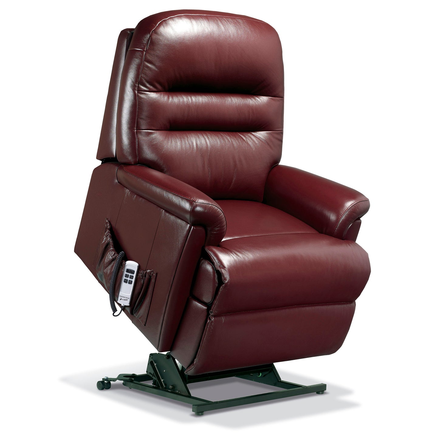 Brown Sherborne Keswick leather recliner chair with remote control on a white background