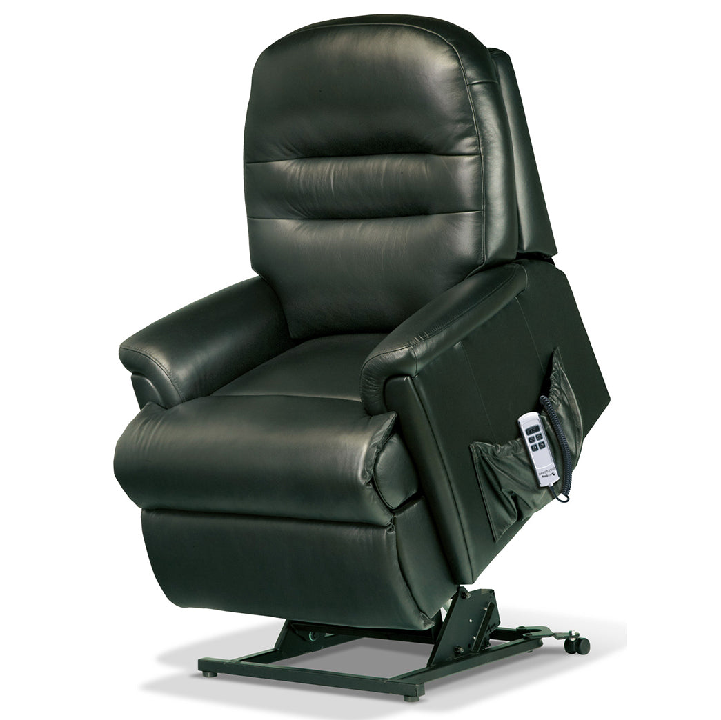 Black Sherborne Keswick leather recliner chair with remote control on a white background