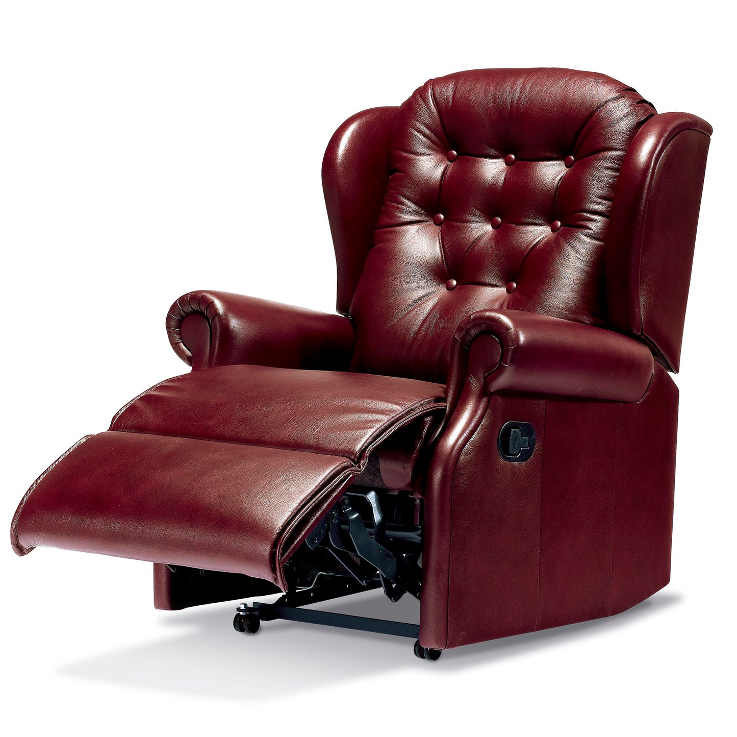 A burgundy leather recliner chair with a tufted backrest and extended footrest, shown on a clean white background.