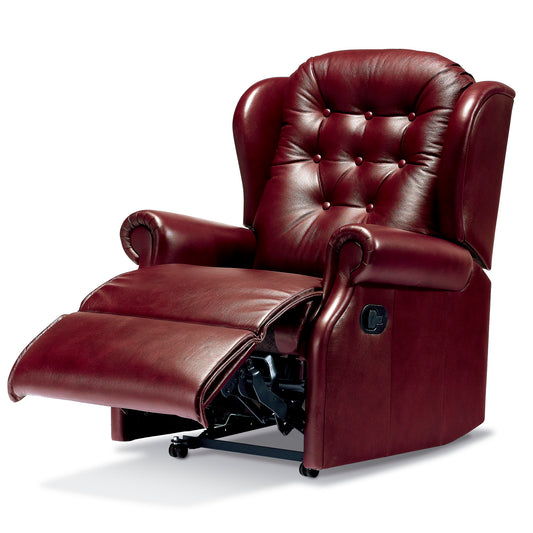 A burgundy leather recliner chair with a tufted backrest and extended footrest, shown on a clean white background.