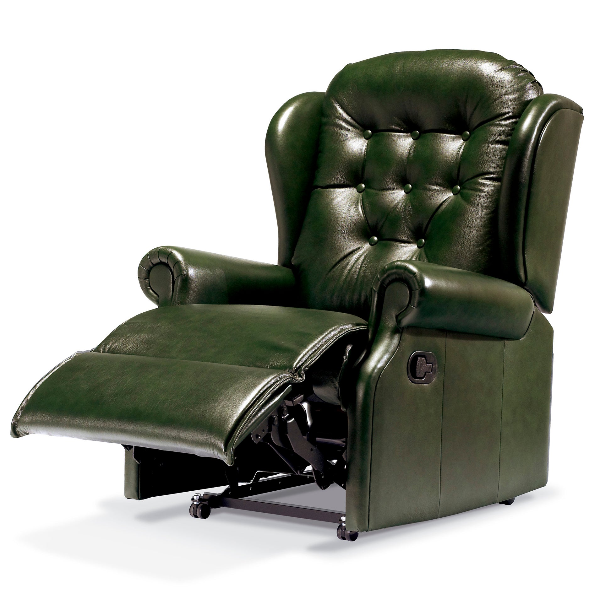 A dark green leather recliner chair with tufted backrest, rolled arms, and extended footrest, photographed on a clean white background.