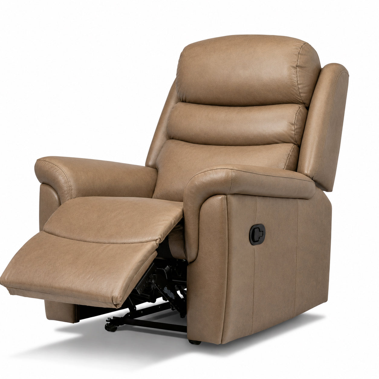 A tan leather recliner chair with the footrest extended, shown on a clean white background.