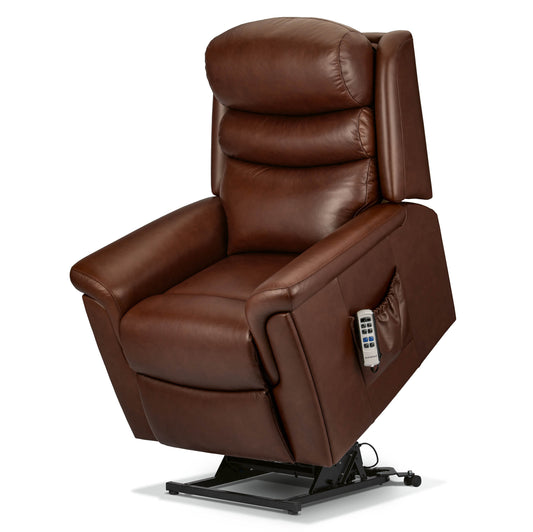 A brown leather recliner chair with a side pocket holding a remote control, shown on a white background.