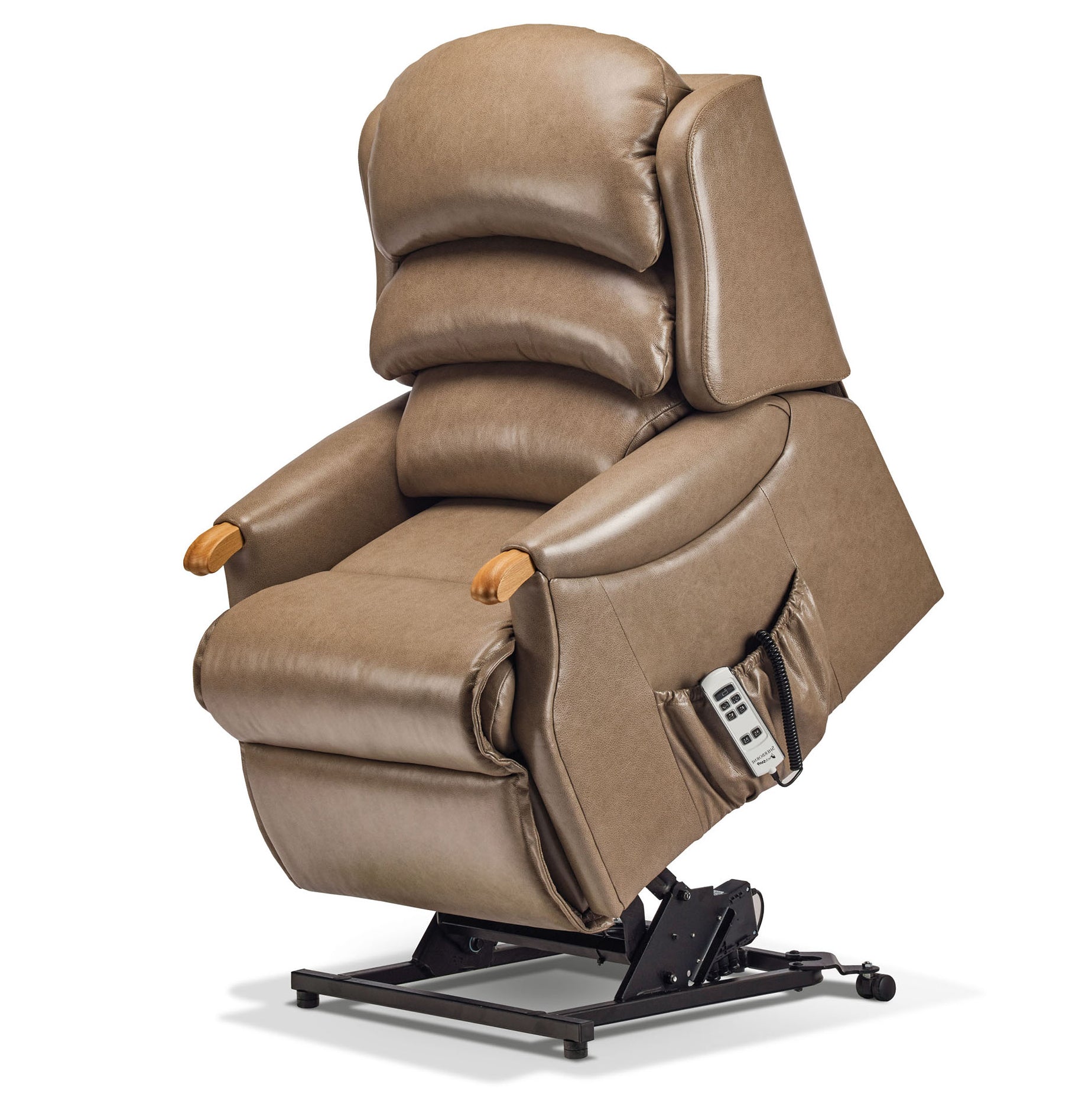 A brown faux-leather power recliner chair with a black metal base and a side-mounted remote control, shown on a white background.