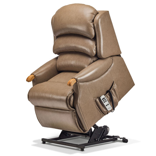 A brown faux-leather power recliner chair with a black metal base and a side-mounted remote control, shown on a white background.