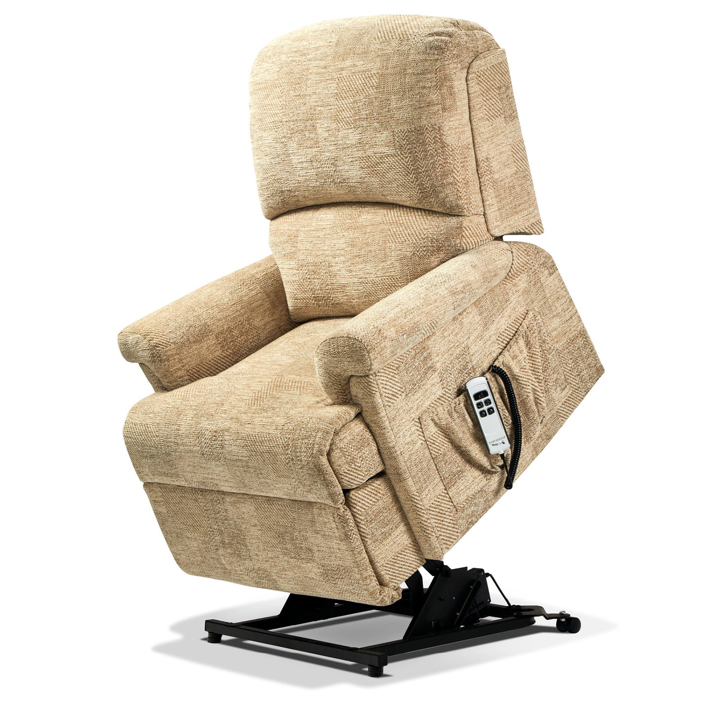 Beige lift chair with remote control on a white background