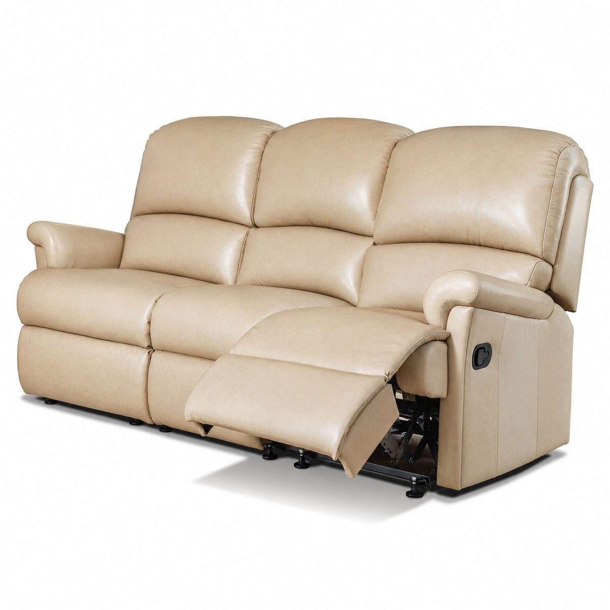 A three-seat beige leather reclining sofa with the center footrest extended, shown on a clean white background.