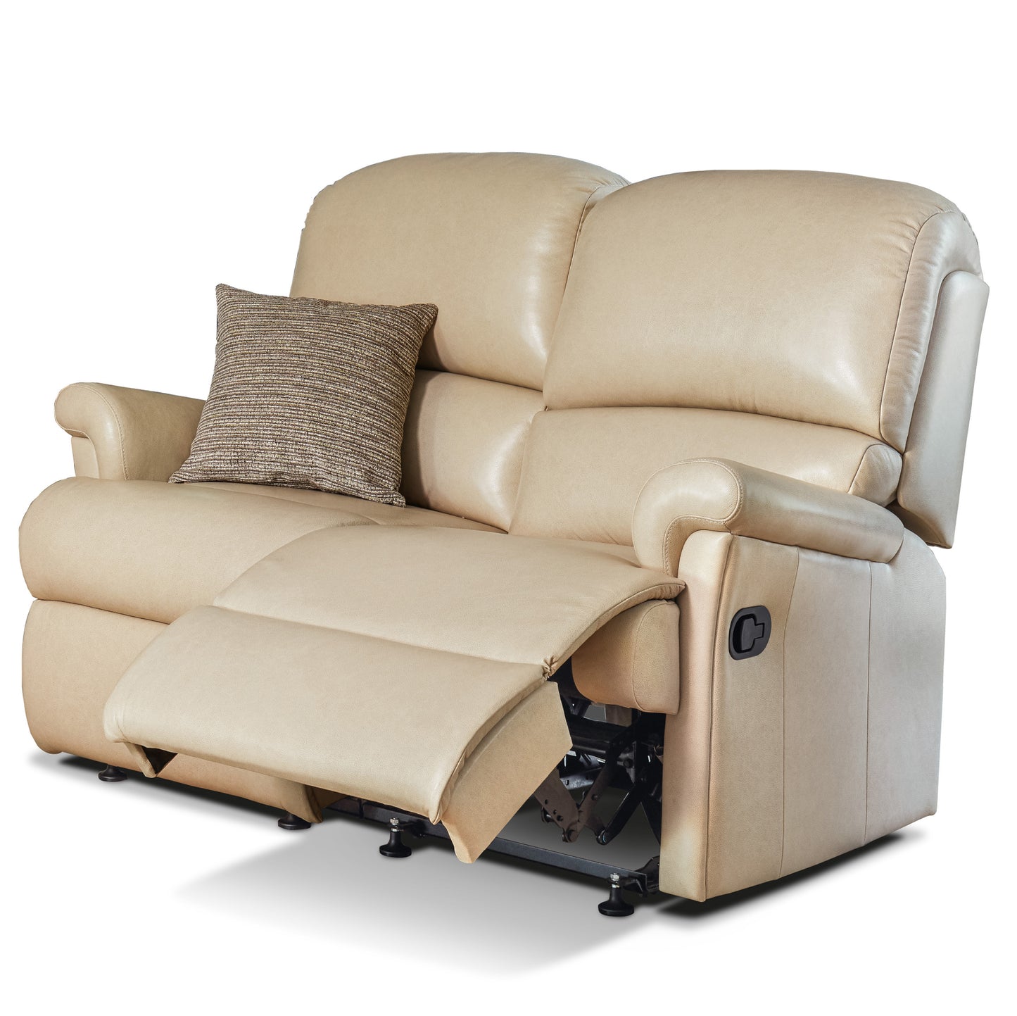 A beige leather reclining loveseat with one seat cushion extended, shown on a clean white background. A textured brown throw pillow rests on the left side.