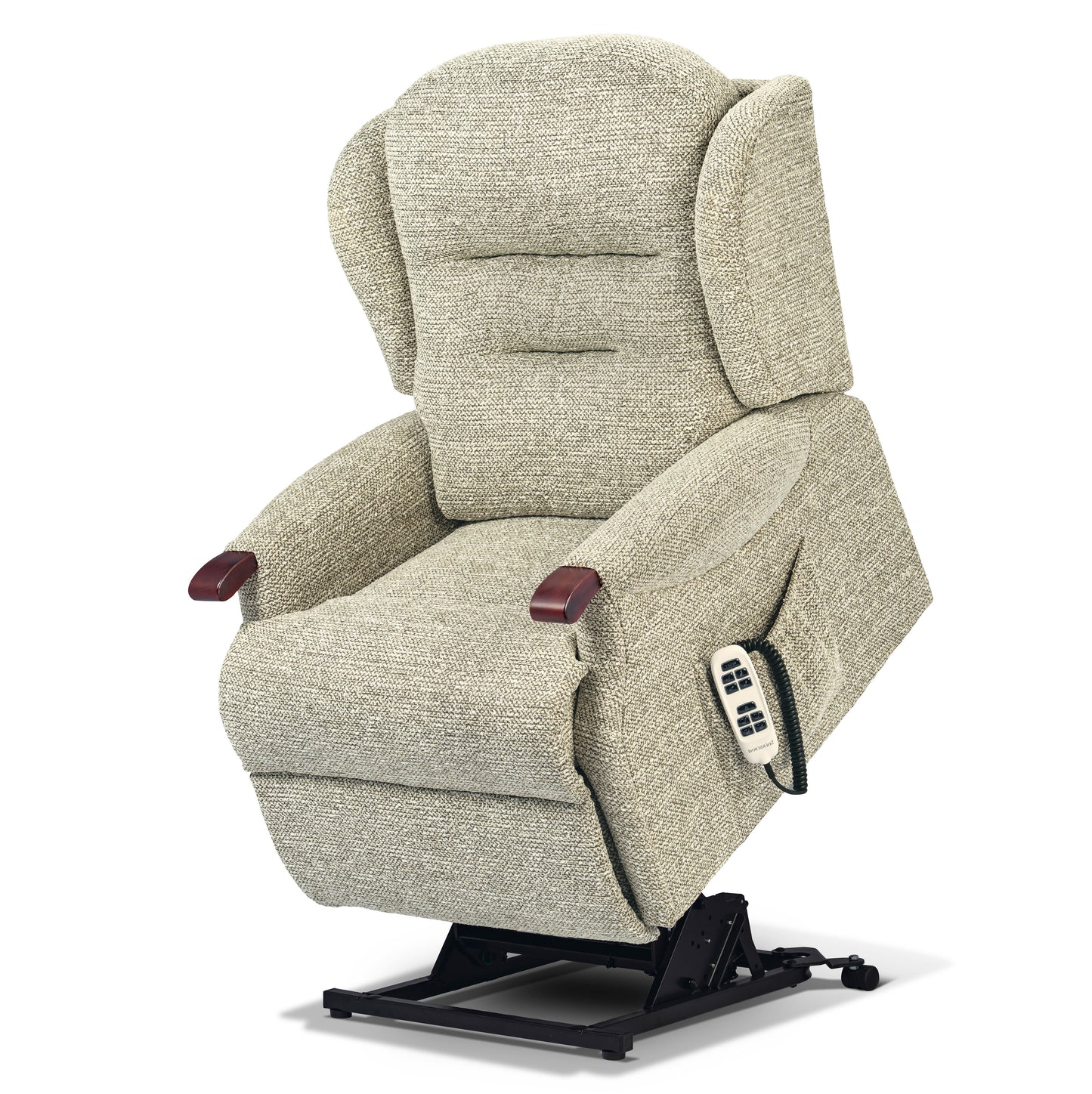Beige lift chair with remote control on a white background