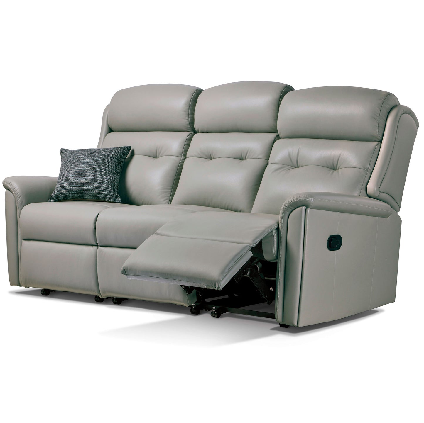 Sherborne Roma Grey leather recliner sofa with a pillow on a white background