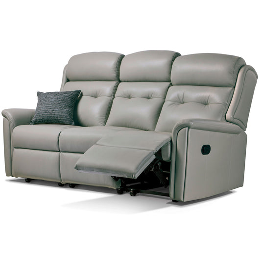 Sherborne Roma Grey leather recliner sofa with a pillow on a white background