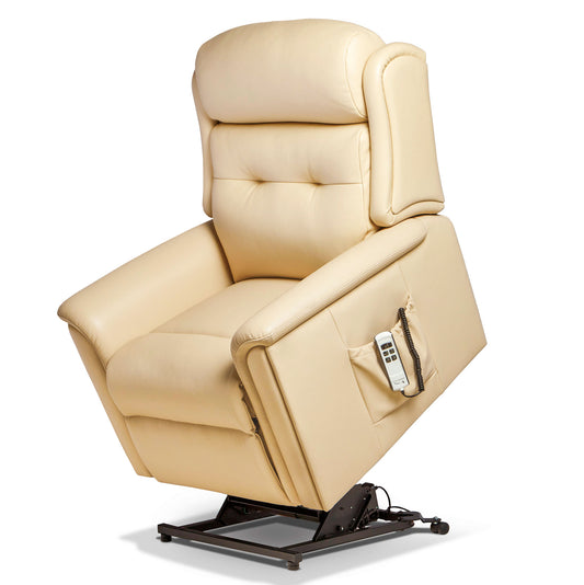 Beige leather lift chair with remote control on a white background