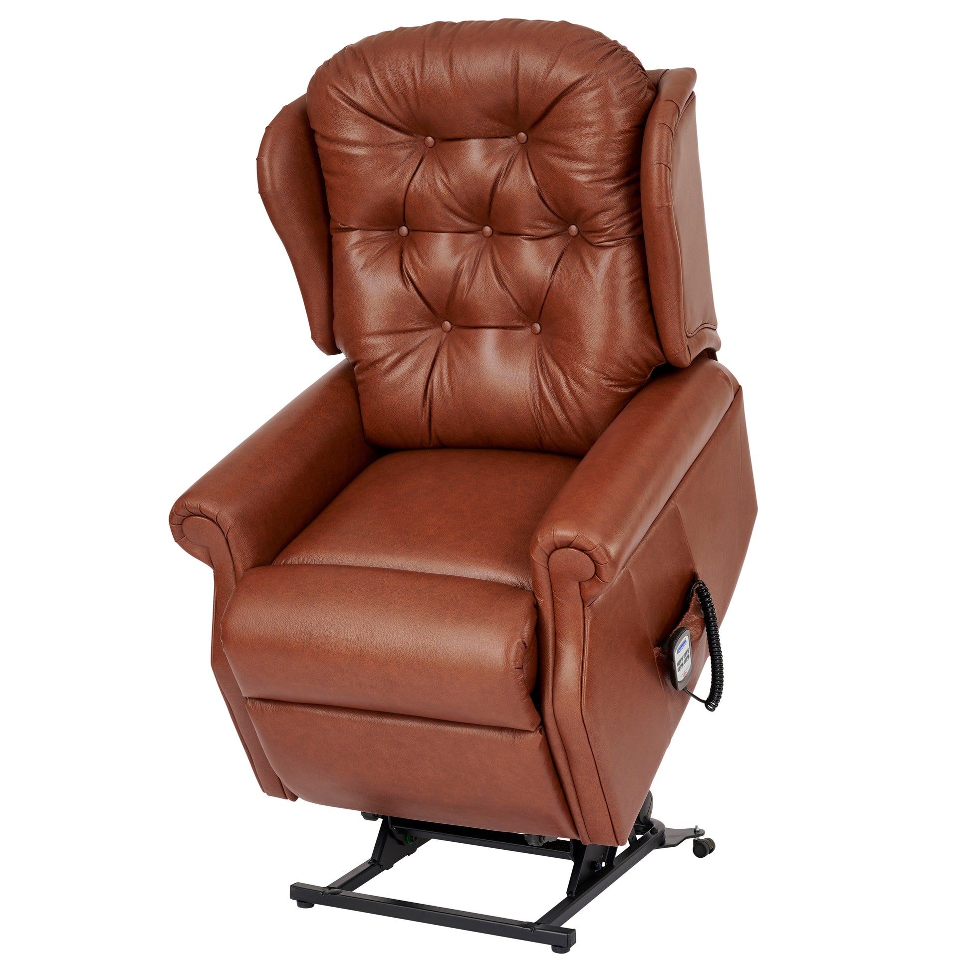 Brown leather Celebrity Woburn riser recliner chair on a white background
