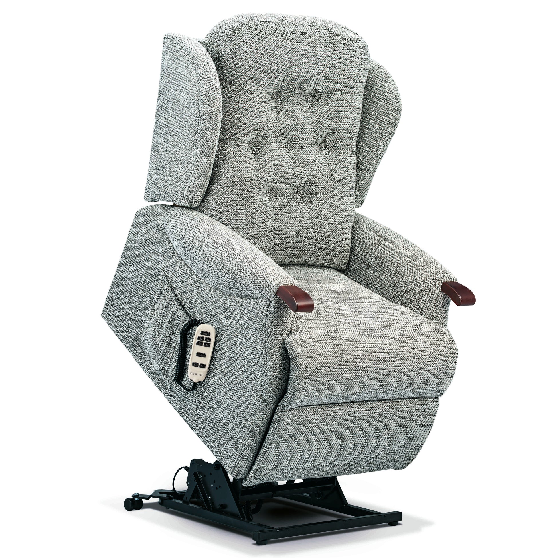 Gray sherborne chester recliner chair with wooden armrests on a white background