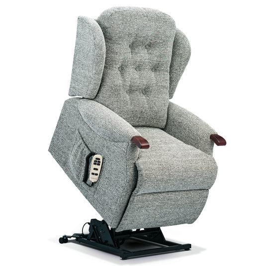Gray sherborne chester recliner chair with wooden armrests on a white background