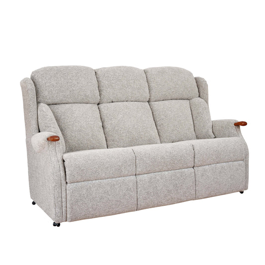 Gray sofa with wooden armrests on a white background