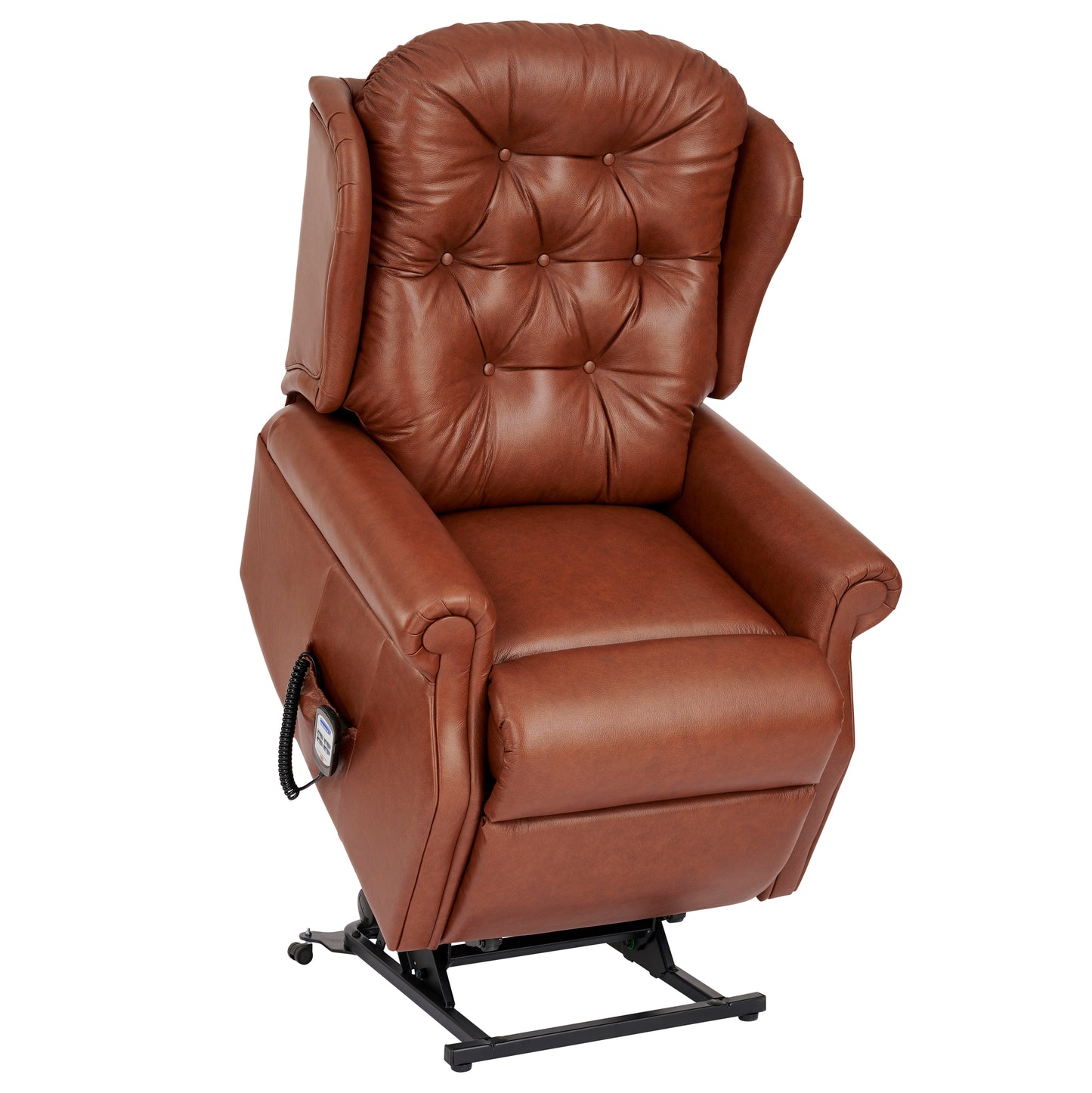 Celebrity Woburn Brown leather riser recliner chair on a white background