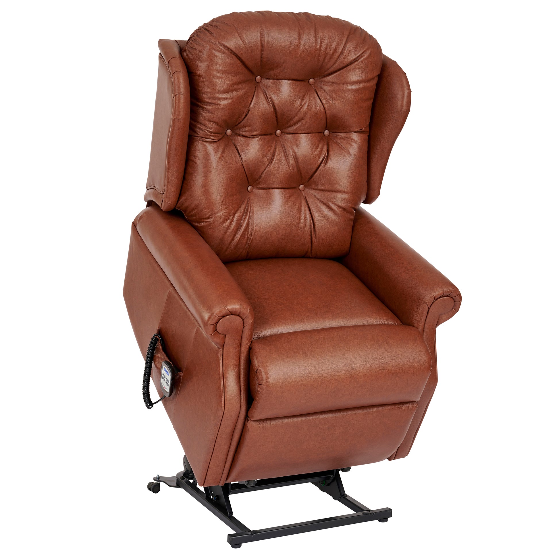 Celebrity Woburn Brown leather riser recliner chair on a white background