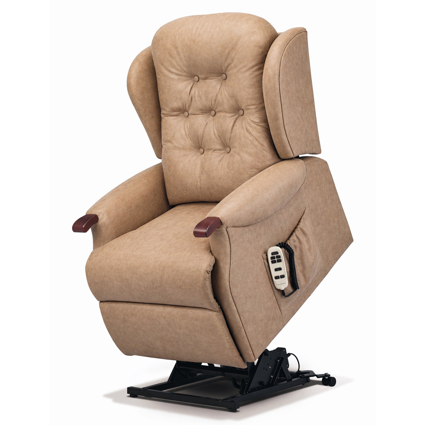 Beige leather sherborne chester knuckle lift chair with control panel on a white background