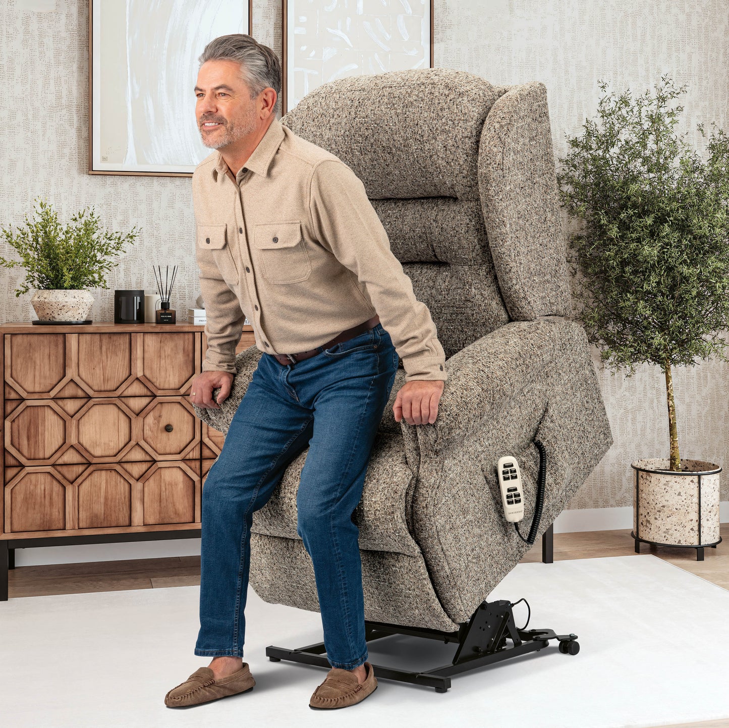 Sherborne Newbury Cloud Comfort Triple Motor Fabric Riser Recliner Armchair With Lumbar & Headrest Adjustment Option VAT FREE