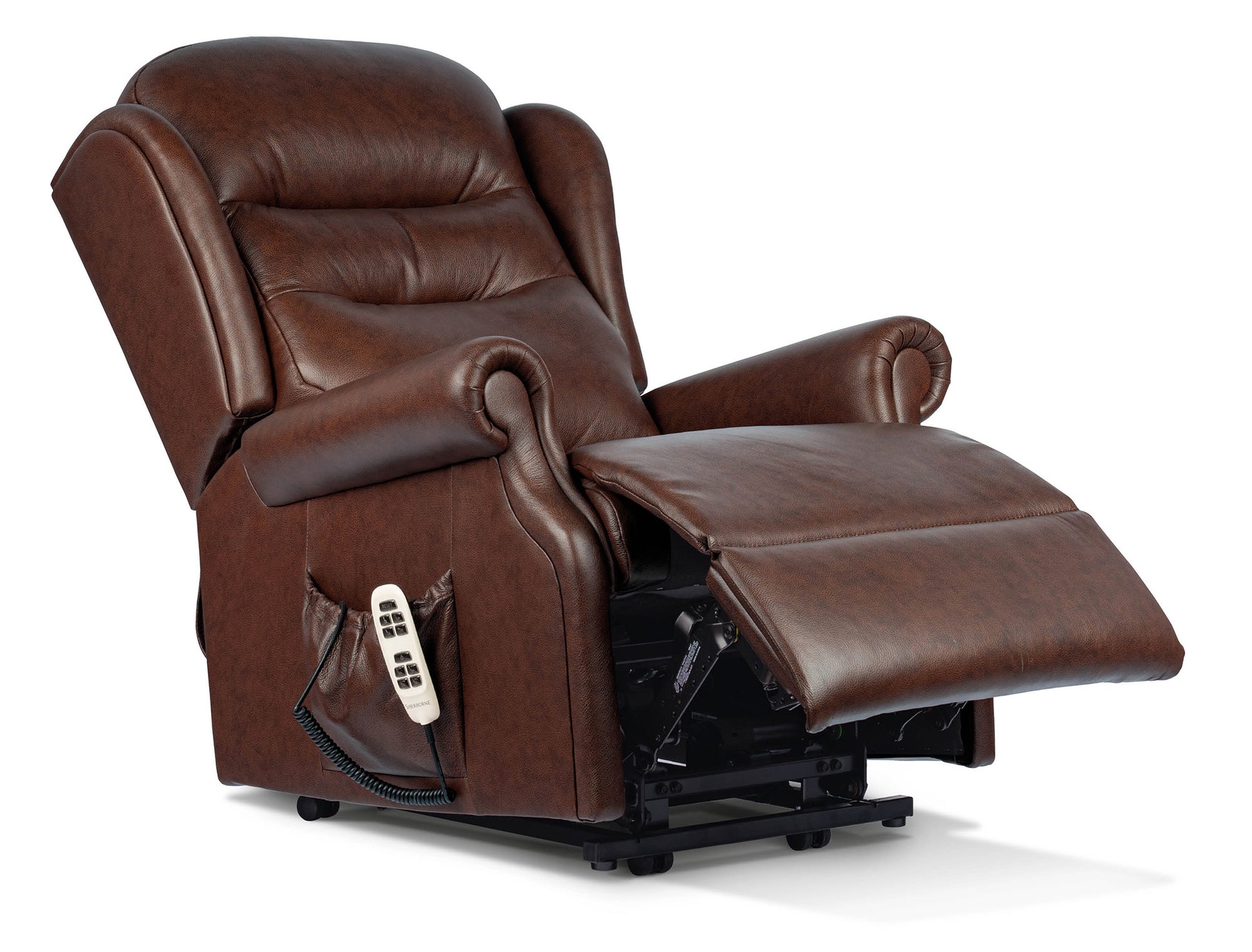 Brown leather riser recliner chair with remote control on a white background newbury