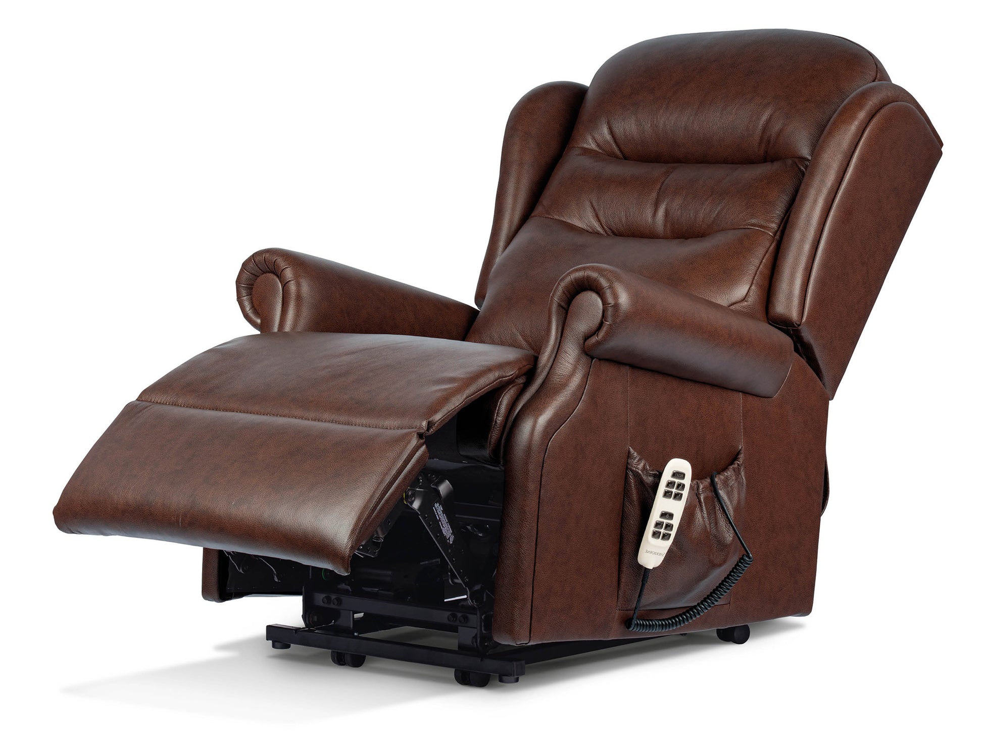 Brown leather recliner chair with control panel on a white background