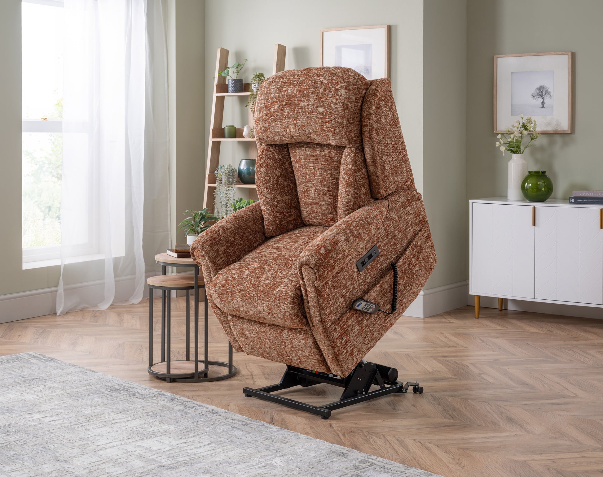 Brown recliner chair in a living room setting with a shelf and window in the background.