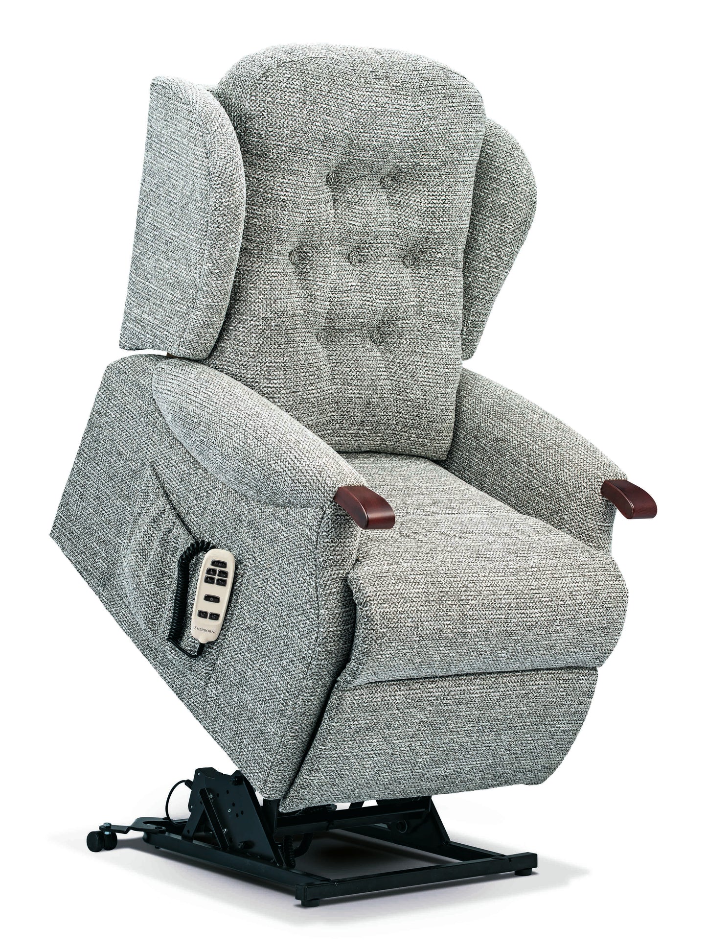 Gray lift chair with remote control on a white background