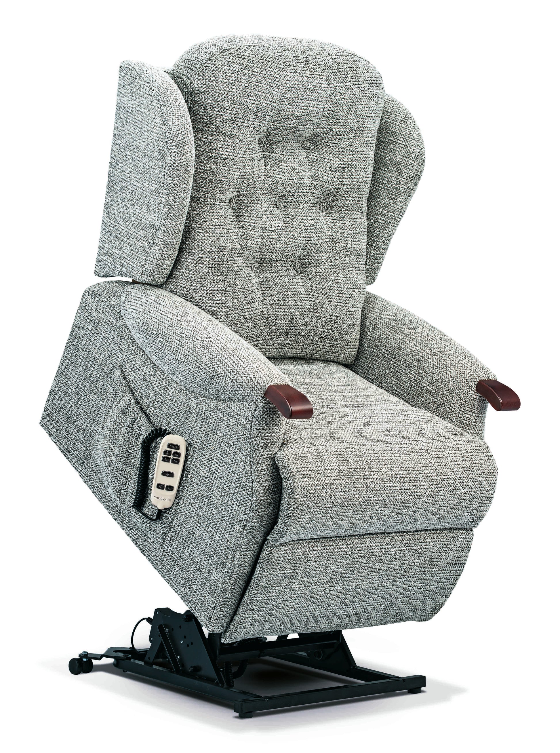 Gray lift chair with remote control on a white background